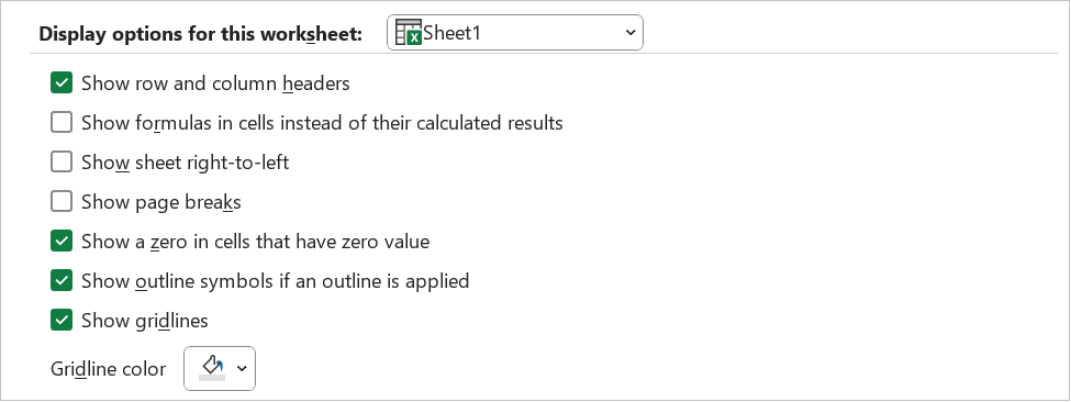 Excel Options Display options for this Worksheet