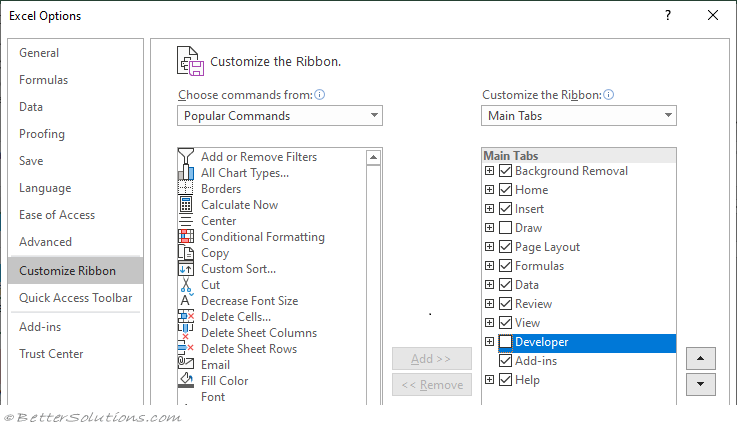 display developer tab in excel