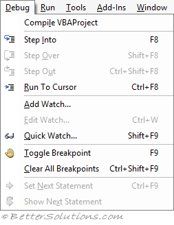 whats the keyboard shortcut for excel vba add a watch